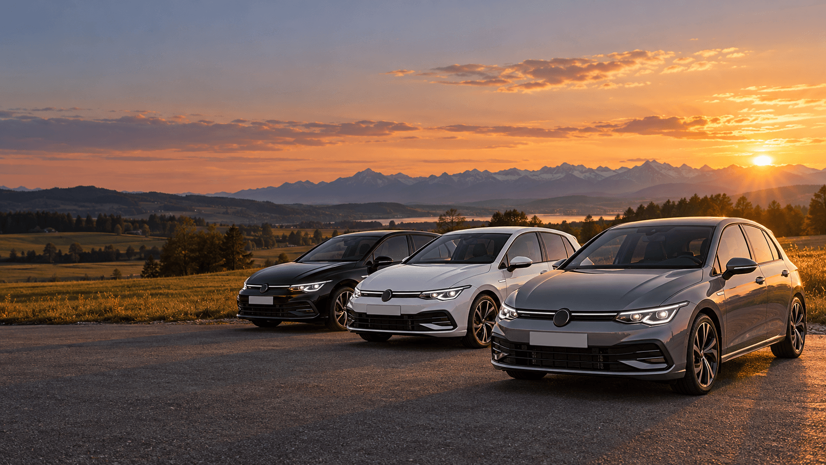 Drei VW Golf von Domi’s Fahrschule in Schwarz, Weiß und Grau bei Sonnenuntergang